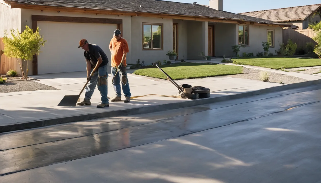 Freshly poured concrete driveway in front of a stucco ranch home in Roseville