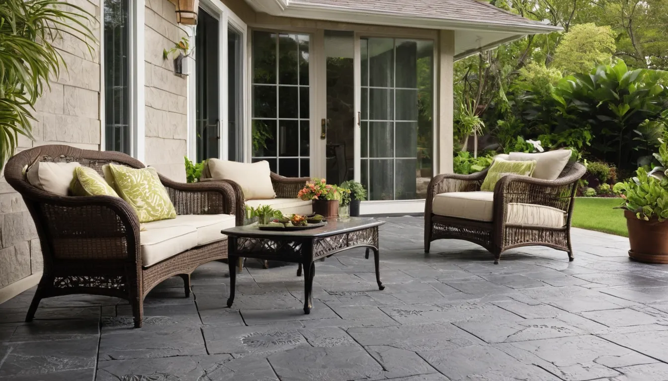 Stamped concrete patio with a slate pattern behind a the Roseville area home