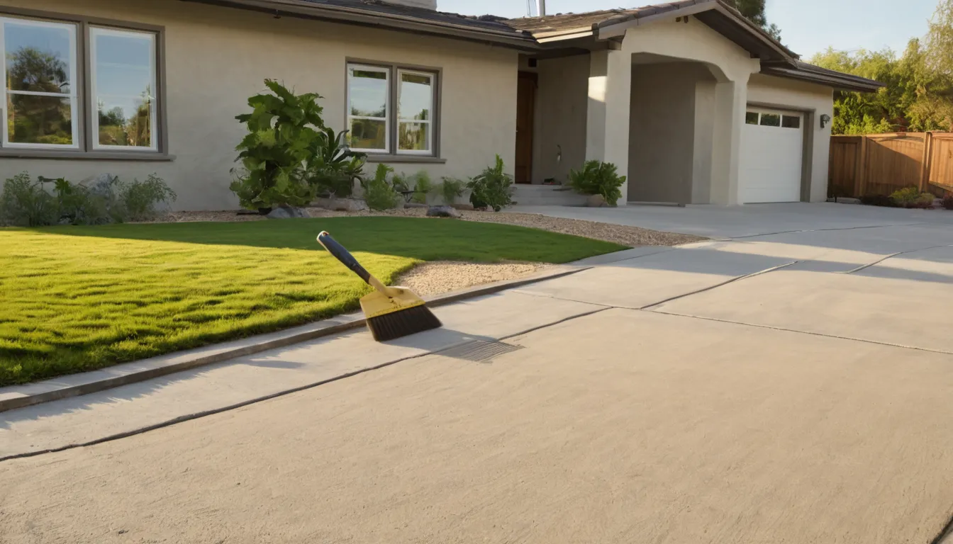 A newly poured concrete driveway in front of a stucco ranch home in Roseville