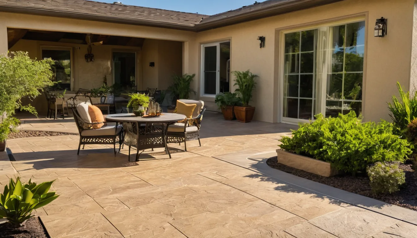 Finished stamped concrete patio with a stone pattern behind a stucco home in the Roseville area